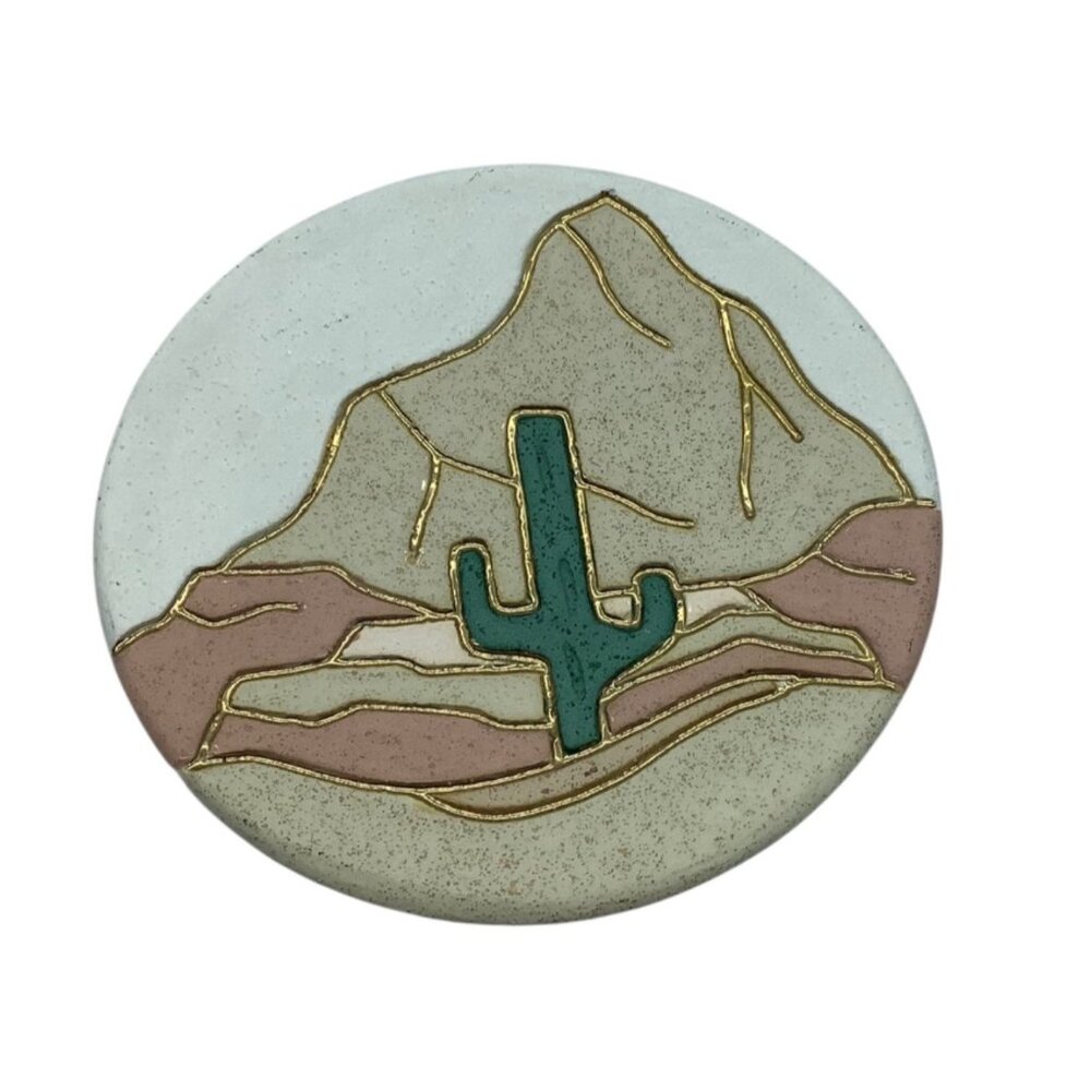 Southwestern Handcrafted Ceramic Decor Plate Cactus & Mountain Design 5" Signed